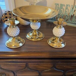 Elegant Gold and White Candle Holder Set. Vintage brass and hobnail milk glass